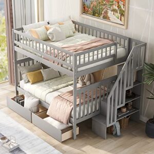 Merax Full Over Full Bunk Bed with Drawers, Storage Staircase, and Guard Rail, No Box Spring Needed, Gray