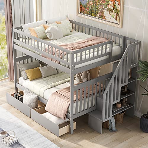 Merax Full Over Full Bunk Bed with Drawers, Storage Staircase, and Guard Rail, No Box Spring Needed, Gray