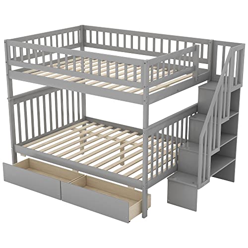 Merax Full Over Full Bunk Bed with Drawers, Storage Staircase, and Guard Rail, No Box Spring Needed, Gray