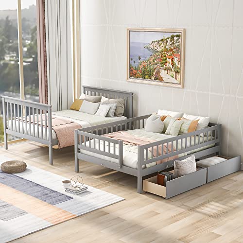 Merax Full Over Full Bunk Bed with Drawers, Storage Staircase, and Guard Rail, No Box Spring Needed, Gray