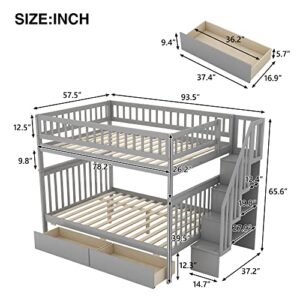 Merax Full Over Full Bunk Bed with Drawers, Storage Staircase, and Guard Rail, No Box Spring Needed, Gray