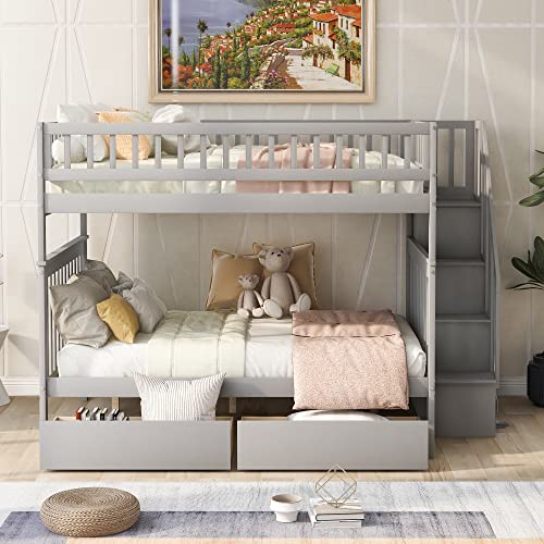 Merax Full Over Full Bunk Bed with Drawers, Storage Staircase, and Guard Rail, No Box Spring Needed, Gray