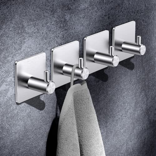 Wiserset Heavy Duty Adhesive Hooks, Wall Towel Hooks Waterproof, Brushed Nickel Wall Hooks for Towels, Stainless Steel Adhesive Towel Hooks Adhesive Holders for Hanging Clothes Bathroom 4 Pack