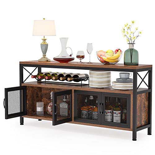 Tribesigns Buffets & Sideboards Buffet Table Bar Cabinet with 4 Mesh Doors, Farmhouse Buffet Cabinet Bar Sideboard with Storage Open Shelf, Wood Kitchen Buffet Storage Cabinet for Dining Room