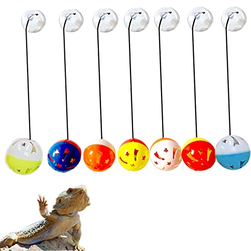 Koomduk 7 Pack Bearded Dragon Toys Reptile Lizard Toy Balls Bell with Suction Cups and Ropes Fit for Small Reptile Animals