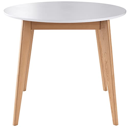 DAIVA CASA Orion Round Table for 3 Person - Birch Solid Wood Kitchen & Dining Room Furniture - Mid Century Modern Scandinavian Style – White Brown Table 35 inch