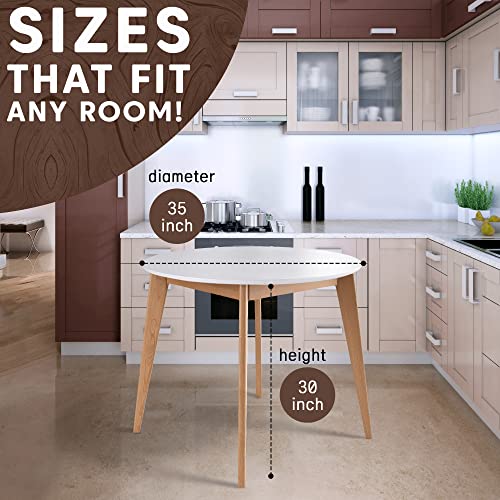 DAIVA CASA Orion Round Table for 3 Person - Birch Solid Wood Kitchen & Dining Room Furniture - Mid Century Modern Scandinavian Style – White Brown Table 35 inch