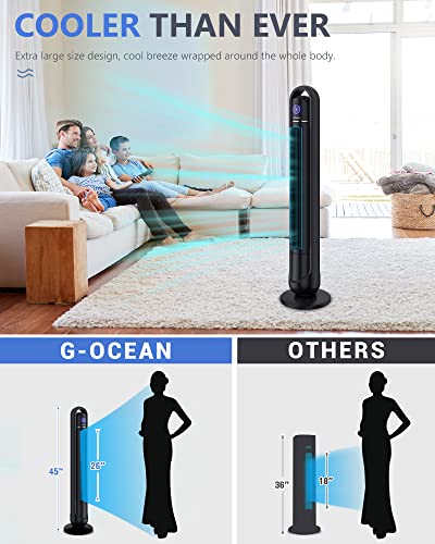 Tower Fan with Remote, G-Ocean 45 Inch Oscillating Fan, Bladeless Fans with 24H Timer, 3 Speeds, 3 Modes, LED Display, Cooling Standing Floor Fan for Bedroom Living Room Home Office, Meteorolite Black