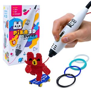 pika3d super 3d printing pen - includes 3d pen, 4 colors of pla filament refill with stencil guide and user manual