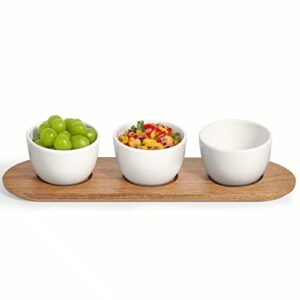wareland chip and dip serving set with acacia wooden tray, 12oz white glazed ceramic dipping bowls, serving dishes for entertaining, small serving bowls for side dishes, salsa, appetizers, condiments