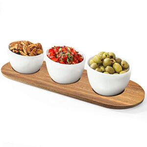 Wareland Chip and Dip Serving Set with Acacia Wooden Tray, 12oz White Glazed Ceramic Dipping Bowls, Serving Dishes for Entertaining, Small Serving Bowls for Side Dishes, Salsa, Appetizers, Condiments