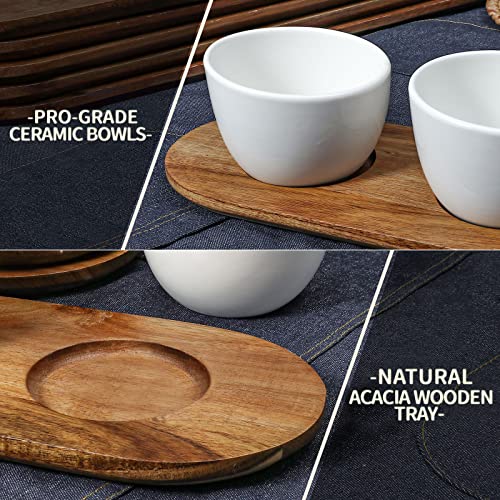 Wareland Chip and Dip Serving Set with Acacia Wooden Tray, 12oz White Glazed Ceramic Dipping Bowls, Serving Dishes for Entertaining, Small Serving Bowls for Side Dishes, Salsa, Appetizers, Condiments