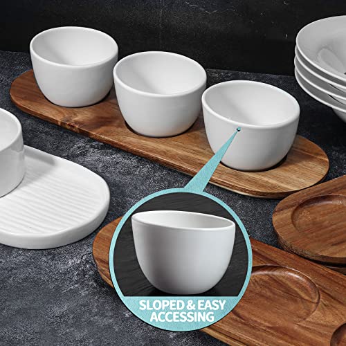 Wareland Chip and Dip Serving Set with Acacia Wooden Tray, 12oz White Glazed Ceramic Dipping Bowls, Serving Dishes for Entertaining, Small Serving Bowls for Side Dishes, Salsa, Appetizers, Condiments