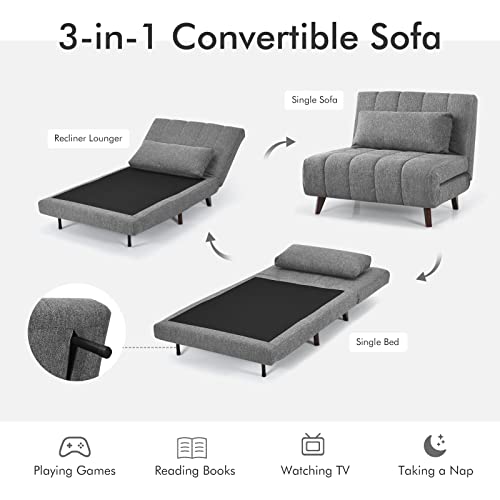 Giantex Sofa Bed Convertible Sleeper Adjustable Recliner Chair 3 in 1 Multi-Function 3-Position Backrest Guest Bed Sofa Couch with Waist Pillow Easy Assembly (Dark Gray)