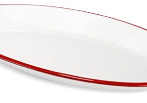 Red Co. Enamelware Metal Classic 13" Serving Oval Tray Platter, Solid White/Red Rim