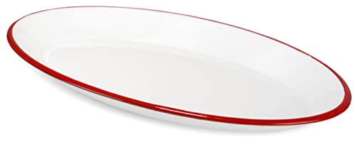 Red Co. Enamelware Metal Classic 13" Serving Oval Tray Platter, Solid White/Red Rim