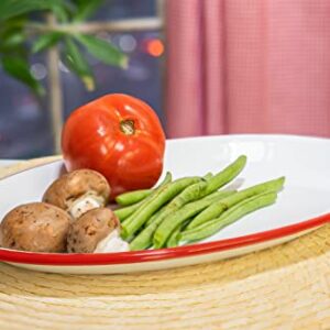 Red Co. Enamelware Metal Classic 13" Serving Oval Tray Platter, Solid White/Red Rim