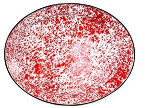 red co. oven safe enamelware metal classic 16.5” serving oval tray platter, red marble/black rim – splatter design