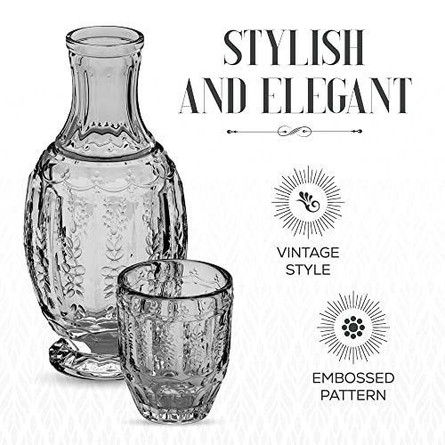Elle Decor Vintage Bedside Water Carafe with Tumbler Glass – Elegant Pitcher and Matching Drinking Cup Doubles As Lid (Gray)