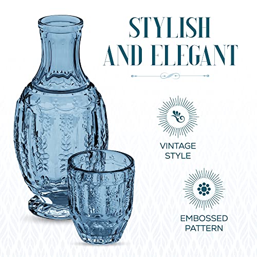 Elle Decor Vintage Bedside Water Carafe with Tumbler Glass – Elegant Pitcher and Matching Drinking Cup Doubles As Lid (Blue)