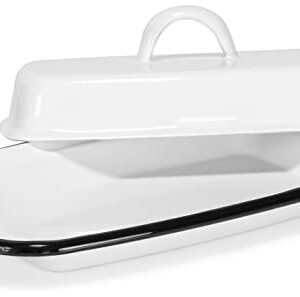 Red Co. 7.75” x 4.5” Enamelware Metal Cheese Server & Butter Dish Holder with Dome Lid, Distressed White/Black Rim