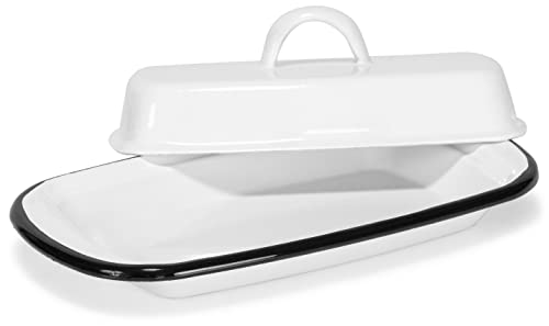 Red Co. 7.75” x 4.5” Enamelware Metal Cheese Server & Butter Dish Holder with Dome Lid, Distressed White/Black Rim