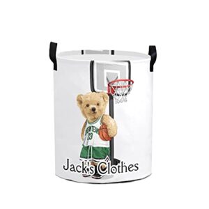 grandkli basketball teddy bear personalized freestanding laundry hamper, custom waterproof collapsible drawstring basket storage bins with handle for clothes, toy, 50cm x 36cm