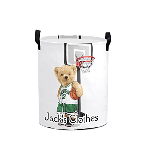 Grandkli Basketball Teddy Bear Personalized Freestanding Laundry Hamper, Custom Waterproof Collapsible Drawstring Basket Storage Bins with Handle for Clothes, Toy, 50cm x 36cm