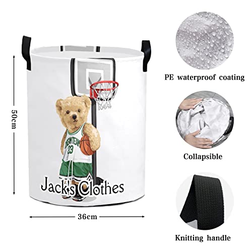 Grandkli Basketball Teddy Bear Personalized Freestanding Laundry Hamper, Custom Waterproof Collapsible Drawstring Basket Storage Bins with Handle for Clothes, Toy, 50cm x 36cm