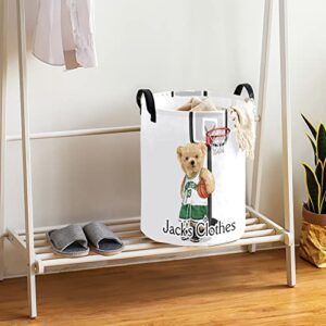 Grandkli Basketball Teddy Bear Personalized Freestanding Laundry Hamper, Custom Waterproof Collapsible Drawstring Basket Storage Bins with Handle for Clothes, Toy, 50cm x 36cm