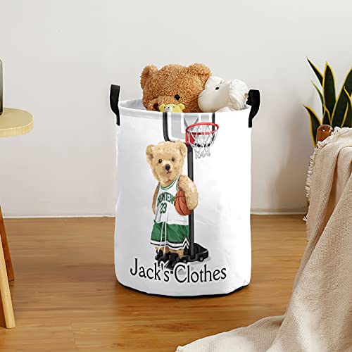 Grandkli Basketball Teddy Bear Personalized Freestanding Laundry Hamper, Custom Waterproof Collapsible Drawstring Basket Storage Bins with Handle for Clothes, Toy, 50cm x 36cm