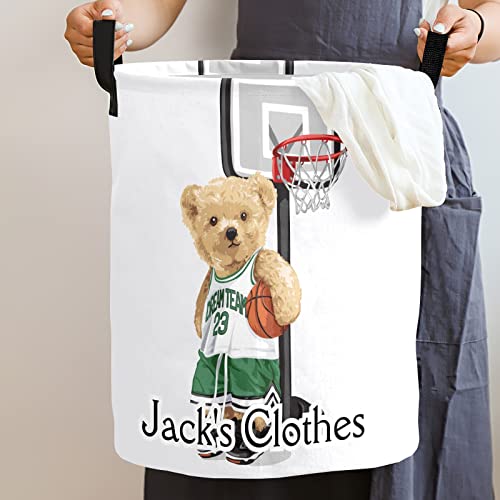 Grandkli Basketball Teddy Bear Personalized Freestanding Laundry Hamper, Custom Waterproof Collapsible Drawstring Basket Storage Bins with Handle for Clothes, Toy, 50cm x 36cm