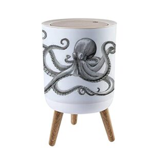 ibpnkfaz89 small trash can with lid octopus hand drawing vintage engraving on white backgroud garbage bin wood waste bin press cover round wastebasket for bathroom bedroom office kitchen