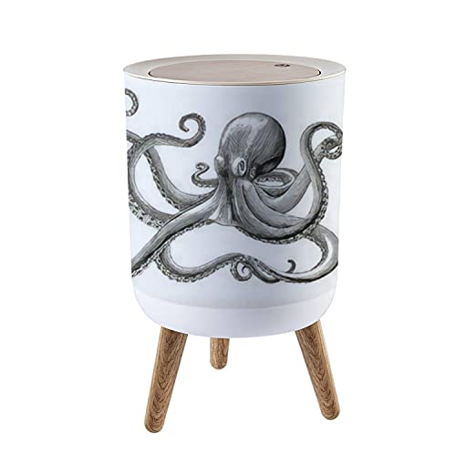 IBPNKFAZ89 Small Trash Can with Lid Octopus Hand Drawing Vintage Engraving on White backgroud Garbage Bin Wood Waste Bin Press Cover Round Wastebasket for Bathroom Bedroom Office Kitchen