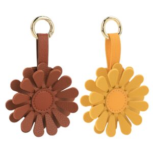 urizzd air tag keychain for apple airtags holder, 2 pack flower air tag cases, leather cover for airtags holder for purse/wallet/pets/kids/travel (6fbaat02-brown+yellow)