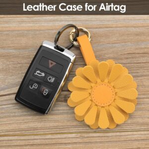 URIZZD Air Tag Keychain for Apple Airtags Holder, 2 Pack Flower Air Tag Cases, Leather Cover for AirTags Holder for Purse/Wallet/Pets/Kids/Travel (6FBAAT02-Brown+Yellow)