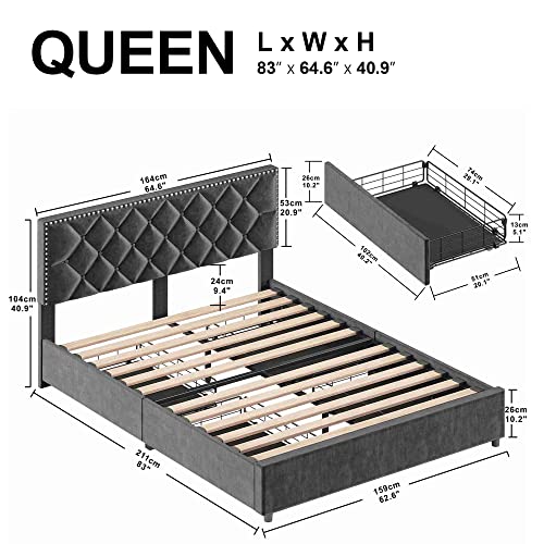 LIKIMIO Queen Bed Frame with 4 Storage Drawers, Velvet Upholstered Headboard with Button Tufted & Rivets, Easy Assembly, No Box Spring Needed (Grey, Queen)