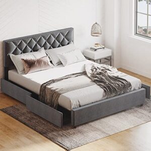 LIKIMIO Queen Bed Frame with 4 Storage Drawers, Velvet Upholstered Headboard with Button Tufted & Rivets, Easy Assembly, No Box Spring Needed (Grey, Queen)