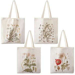 weewooday floral canvas tote bag 4 pieces botanical shopping bag aesthetic flower tote grocery bag for women girl shopping(classic style)