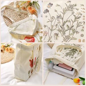 Weewooday Floral Canvas Tote Bag 4 Pieces Botanical Shopping Bag Aesthetic Flower Tote Grocery Bag for Women Girl Shopping(Classic Style)