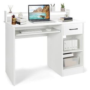 tangkula white computer desk with drawer & keyboard tray, 22 inch wide modern study writing desk with desktop hutch & storage shelves for kids, wood pc laptop desk, desk for bedroom
