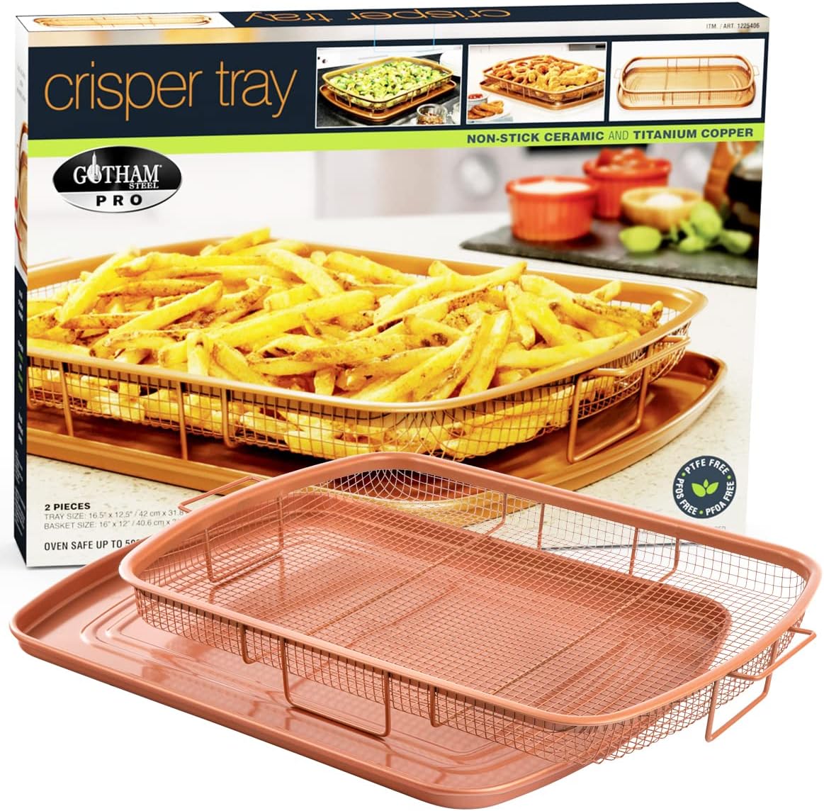 Gotham Steel Air Fryer Tray, 2 Piece Nonstick Copper Crisper Air Fry Basket For Convection Oven, Also Great For Baking & Crispy Foods, Dishwasher Safe – Large, 12.5” x 9”