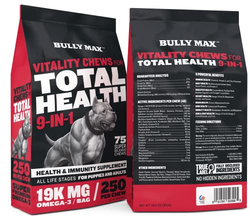 Dog Vitamins Total Health Dog Chews by Bully Max | Puppy and Adult Dog Omega 3 Supplement | Health and Immunity Vitality Chews | Performance Series Muscle Builder for All Breeds | 75 Chews per Bag