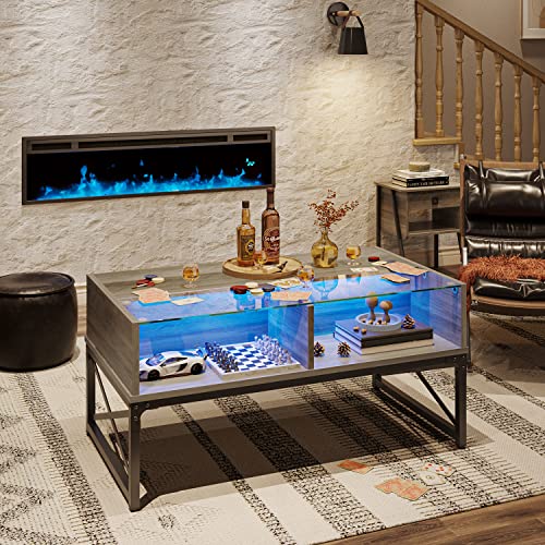 Bestier LED Coffee Tables for Living Room, Glass Center Table with Storage for Game Night. 42 Inch Large Living Room Tables Grey Wash