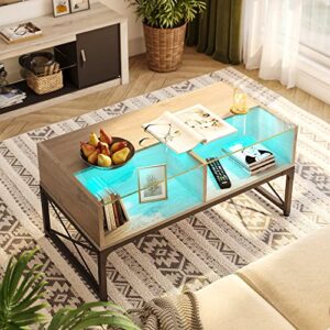Bestier LED Coffee Tables for Living Room, Glass Center Table with Storage for Game Night. 42 Inch Large Living Room Tables Grey Wash