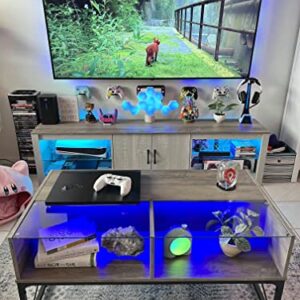 Bestier LED Coffee Tables for Living Room, Glass Center Table with Storage for Game Night. 42 Inch Large Living Room Tables Grey Wash