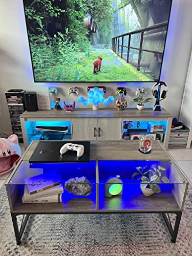 Bestier LED Coffee Tables for Living Room, Glass Center Table with Storage for Game Night. 42 Inch Large Living Room Tables Grey Wash