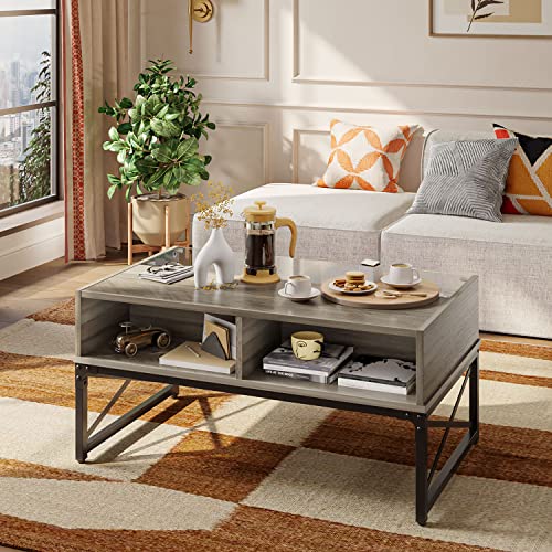 Bestier LED Coffee Tables for Living Room, Glass Center Table with Storage for Game Night. 42 Inch Large Living Room Tables Grey Wash