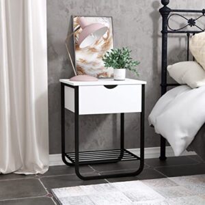 raamzo 2-tier nightstand end table side table for bedroom bedside with 1-drawer and open shelf, white and black