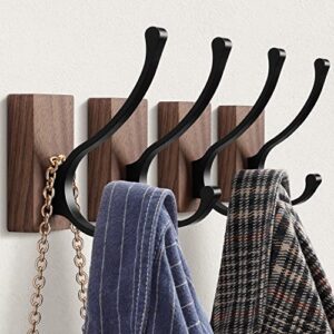 acmetop coat hooks wall mounted, walnut wood wall hooks for hanging, 4 pack heavy duty double towel hat hooks rack, rustic decorative hooks for hanging coats, towels, keys, bags, robes